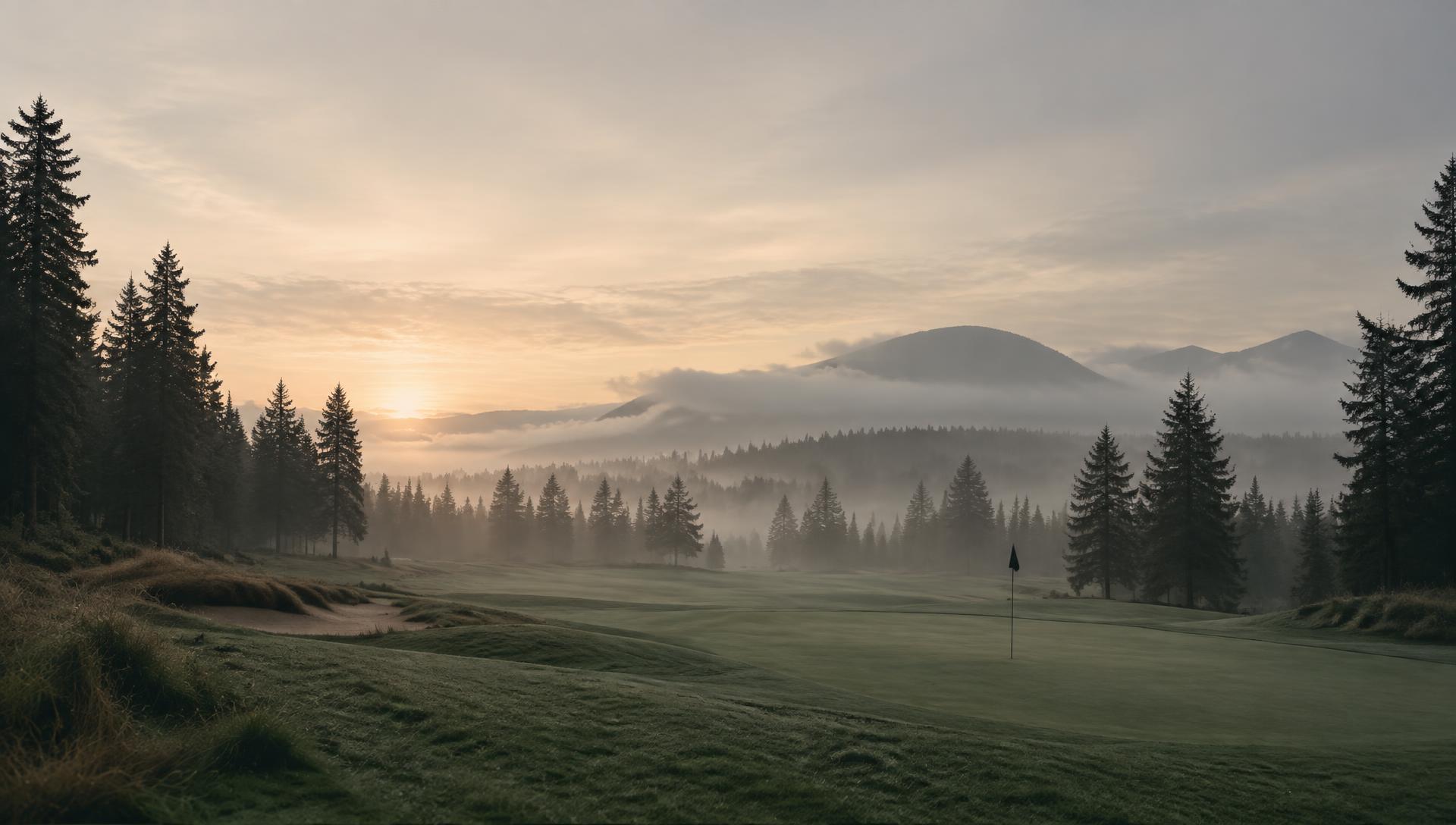 Fog lifting over a Pacific Northwest golf course at dawn